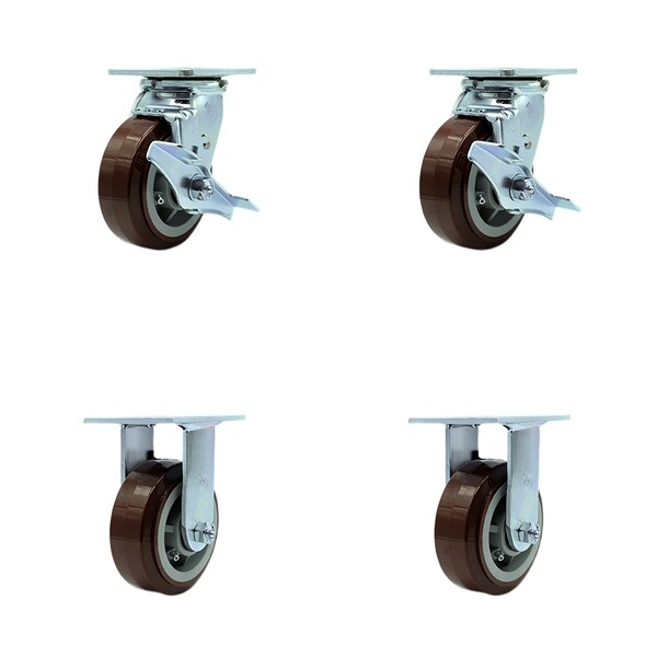 5 Inch Polyurethane Caster Set with Ball Bearings 2 Brake 2 Rigid